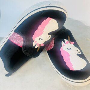 Kids sz 12 Unicorn Slip-On Sneakers Loafers Black Pink Mane Glitter Accents Gift